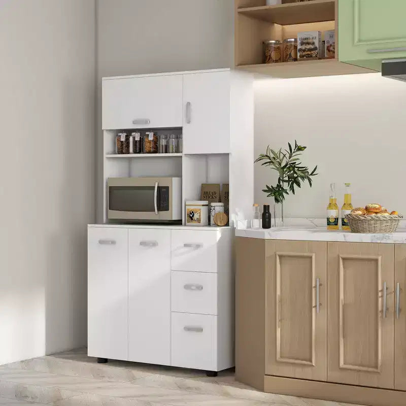 HOMCOM 66 Buffet con Credenza, Dispensa da Cucina Autoportante con 2 Grandi Armadietti, 1 Armadietto a Scomparsa, 3 Cassetti e Ampio Piano di Lavoro, Bianco