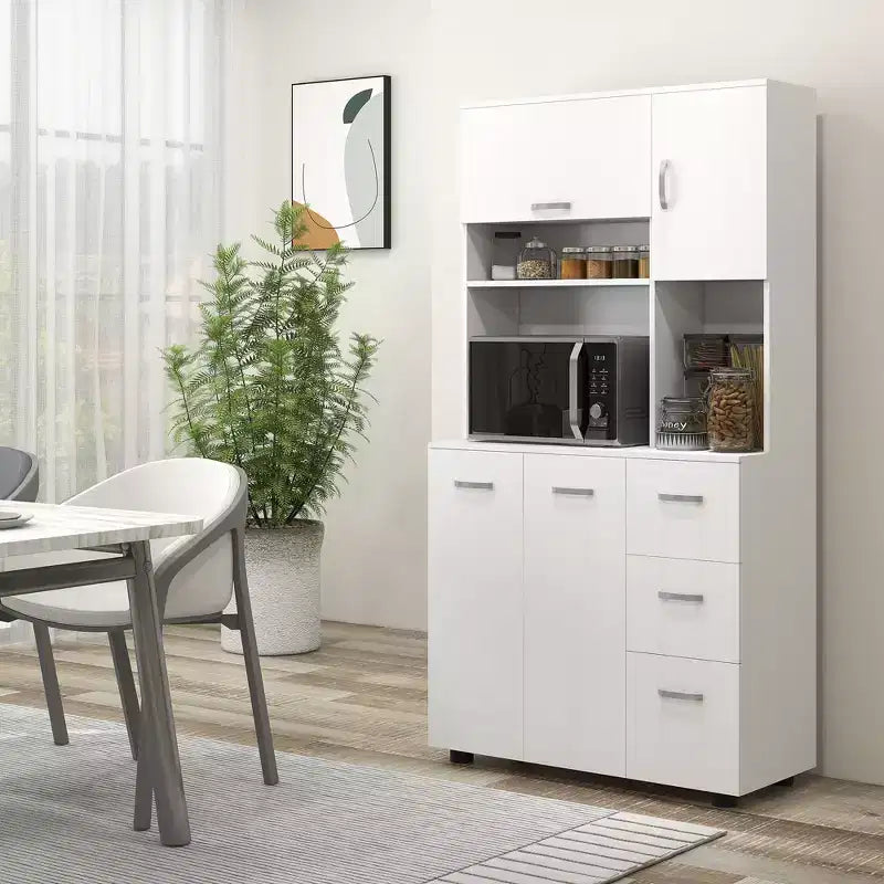 HOMCOM 66 Buffet con Credenza, Dispensa da Cucina Autoportante con 2 Grandi Armadietti, 1 Armadietto a Scomparsa, 3 Cassetti e Ampio Piano di Lavoro, Bianco