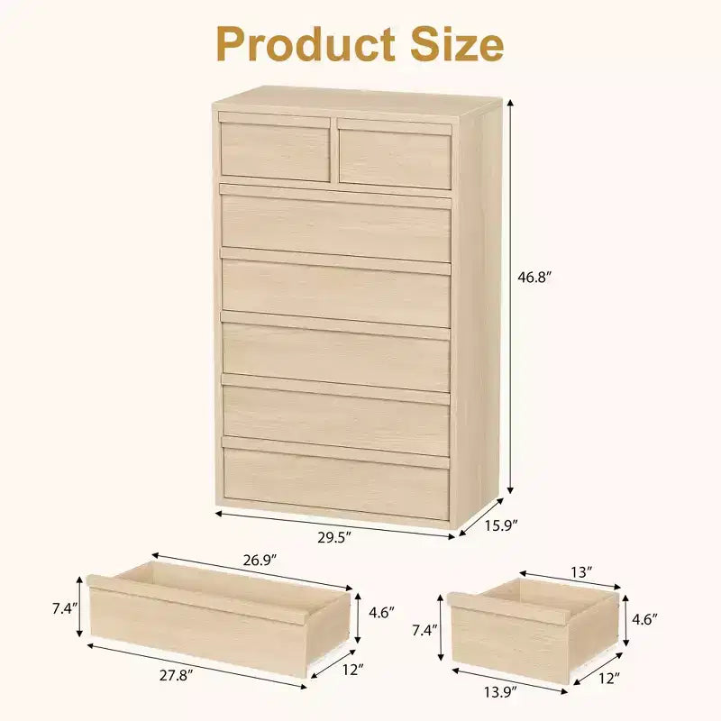 Comò a 7 cassetti per camera da letto, cassettiera alta 46 cm con 7 ampi cassetti, organizer in legno per casa, ufficio