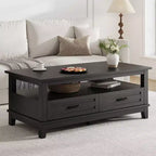 Farmhouse Coffee Table with Drawers, 47.2 in Center Table Rustic Coffee Tables Walnut Center Table with Open Shelf, 6 Support Legs