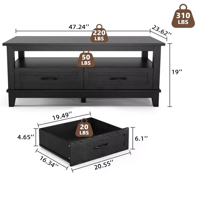 Tavolino da salotto rustico in stile rustico con cassetti, Tavolino da caffè da 120 cm color noce con ripiano aperto, 6 gambe di supporto