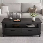 Tavolino da salotto rustico in stile rustico con cassetti, Tavolino da caffè da 120 cm color noce con ripiano aperto, 6 gambe di supporto