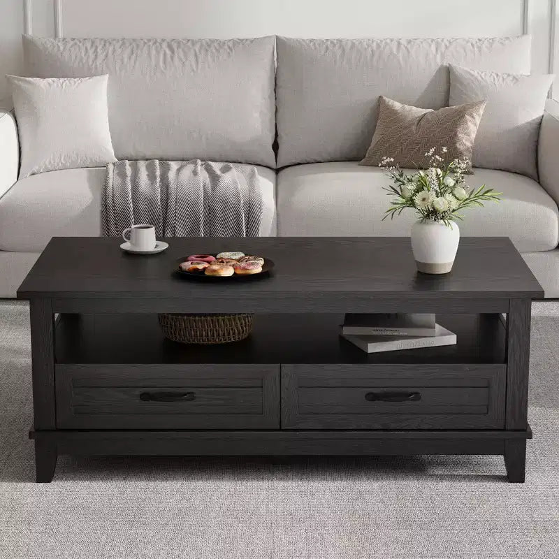 Tavolino da salotto rustico in stile rustico con cassetti, Tavolino da caffè da 120 cm color noce con ripiano aperto, 6 gambe di supporto