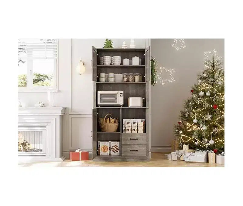 Mobile Bar Alto, Ripiani e Cassetti Regolabili, Credenza Dispensa da Cucina Moderna TackView con Supporto per Microonde, Grande Contenitore in Legno per Sala da Pranzo/Soggiorno