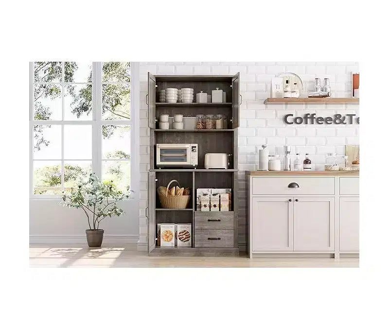 Mobile Bar Alto, Ripiani e Cassetti Regolabili, Credenza Dispensa da Cucina Moderna TackView con Supporto per Microonde, Grande Contenitore in Legno per Sala da Pranzo/Soggiorno