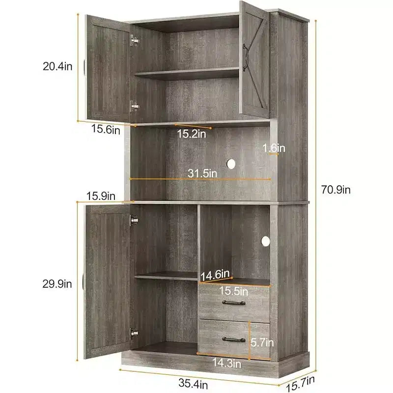 Mobile Bar Alto, Ripiani e Cassetti Regolabili, Credenza Dispensa da Cucina Moderna TackView con Supporto per Microonde, Grande Contenitore in Legno per Sala da Pranzo/Soggiorno