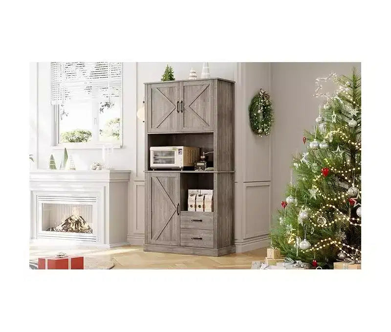 Mobile Bar Alto, Ripiani e Cassetti Regolabili, Credenza Dispensa da Cucina Moderna TackView con Supporto per Microonde, Grande Contenitore in Legno per Sala da Pranzo/Soggiorno