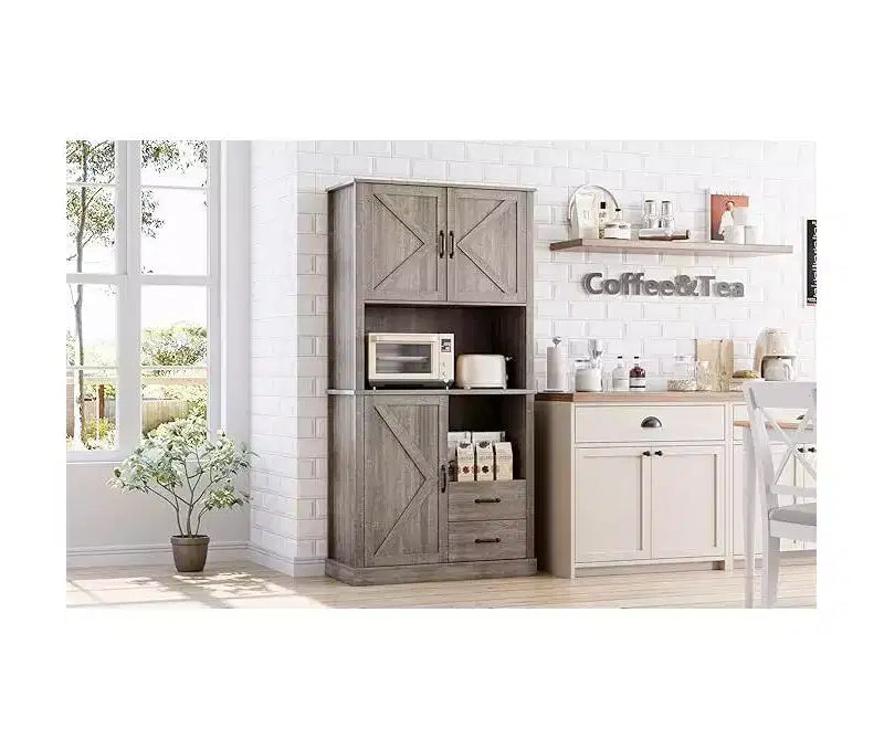 Mobile Bar Alto, Ripiani e Cassetti Regolabili, Credenza Dispensa da Cucina Moderna TackView con Supporto per Microonde, Grande Contenitore in Legno per Sala da Pranzo/Soggiorno