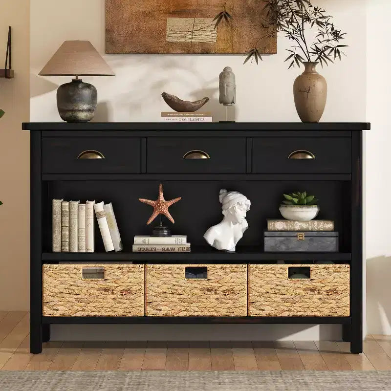 Consolle da Ingresso con Contenitore, Tavolo da Ingresso Stile Rustico con 3 Cassetti e 3 Cesti in Giacinto d'Acqua per Soggiorno o Ingresso - Panipeachy
