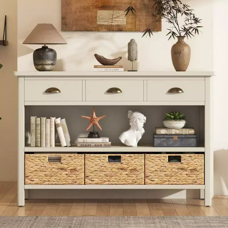 Consolle da Ingresso con Contenitore, Tavolo da Ingresso Stile Rustico con 3 Cassetti e 3 Cesti in Giacinto d'Acqua per Soggiorno o Ingresso - Panipeachy