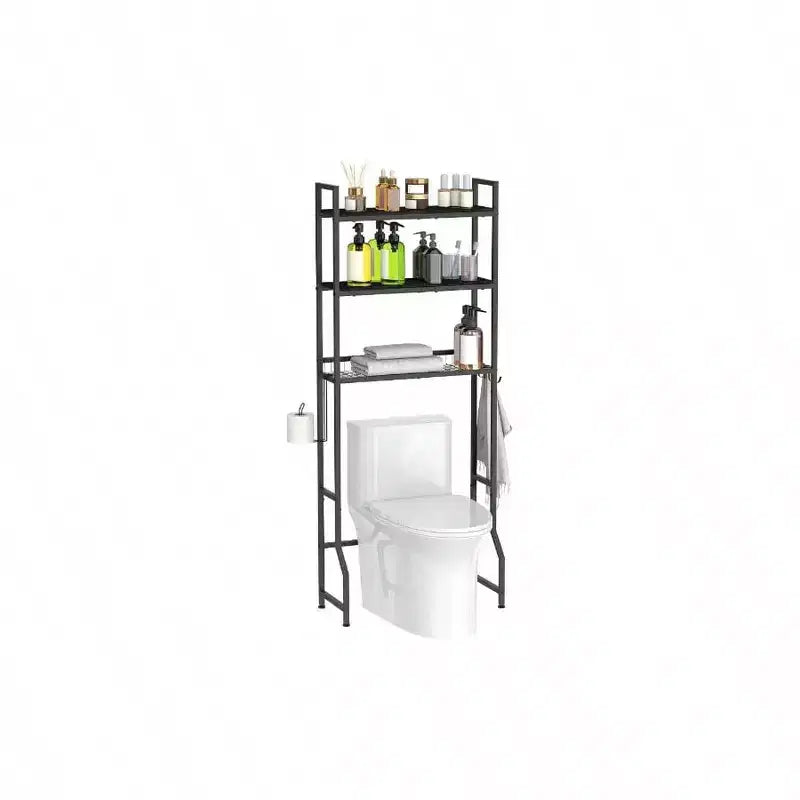 Mobile sopra WC Salvaspazio per Bagno a 3 Ripiani in Legno Nero Organizzatore Autoportante con 4 Ganci per Bagno Lavanderia