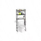 Mobile sopra WC Salvaspazio per Bagno a 3 Ripiani in Legno Nero Organizzatore Autoportante con 4 Ganci per Bagno Lavanderia