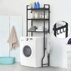 Mobile sopra WC Salvaspazio per Bagno a 3 Ripiani in Legno Nero Organizzatore Autoportante con 4 Ganci per Bagno Lavanderia
