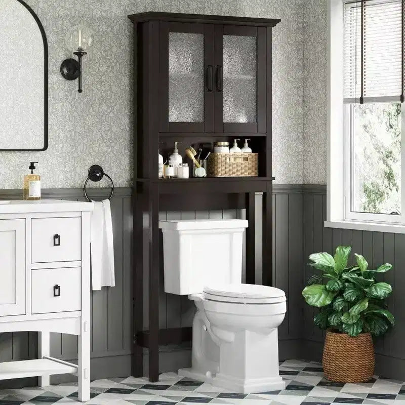 Mobiletto da bagno salvaspazio sopra il WC, organizer da bagno con ante in vetro e ripiano regolabile, struttura spessa, colore espresso