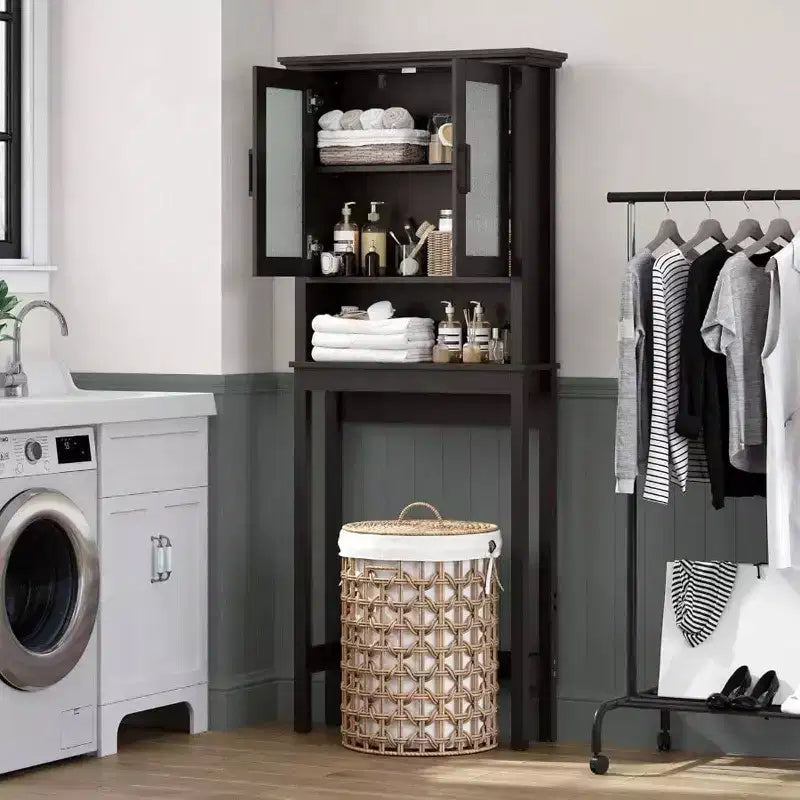 Mobiletto da bagno salvaspazio sopra il WC, organizer da bagno con ante in vetro e ripiano regolabile, struttura spessa, colore espresso
