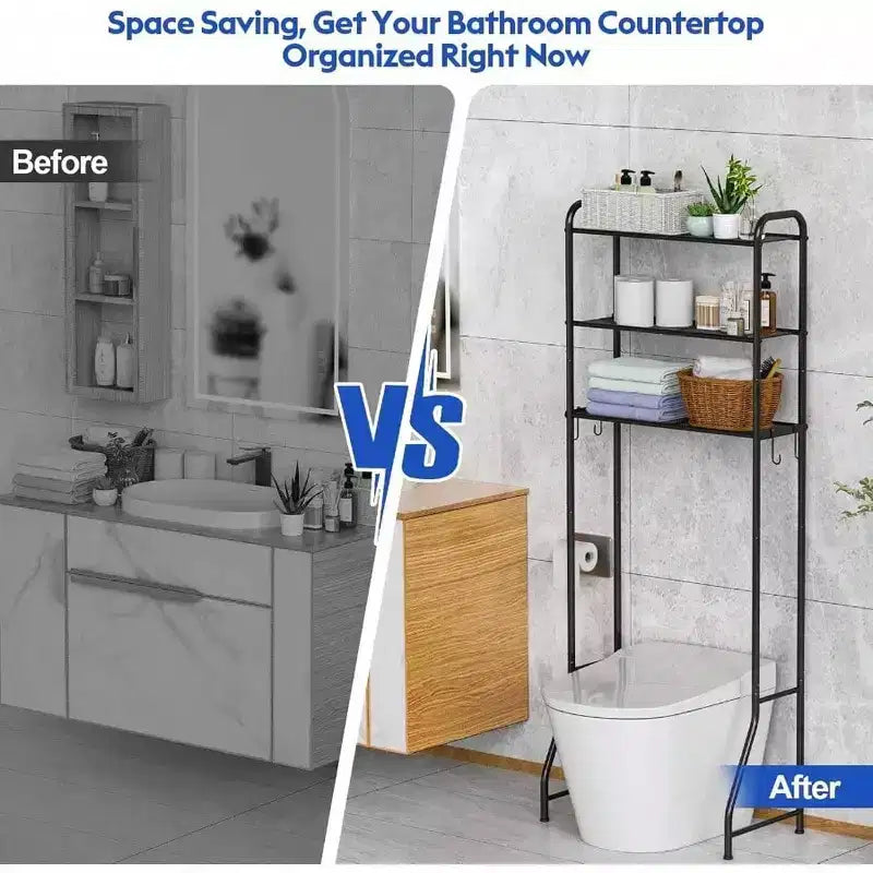 Scaffale da bagno salvaspazio da appoggio a 3 ripiani, organizer sopra il WC, colore nero