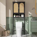 Mobiletto portaoggetti per WC in rattan, armadietto in legno sopra lo scaffale con supporto in metallo, organizer per bagno, ripiano regolabile, autoportante alto