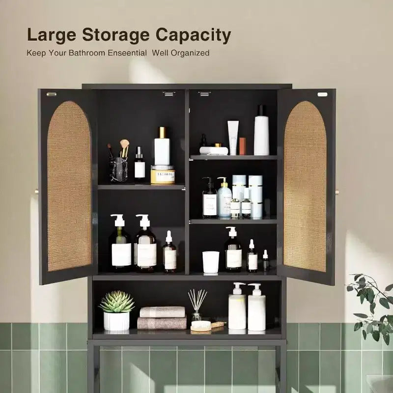 Mobiletto portaoggetti per WC in rattan, armadietto in legno sopra lo scaffale con supporto in metallo, organizer per bagno, ripiano regolabile, autoportante alto