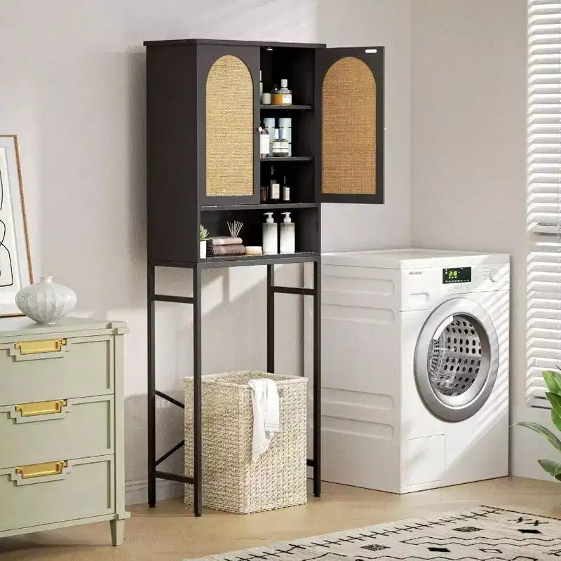 Mobiletto portaoggetti per WC in rattan, armadietto in legno sopra lo scaffale con supporto in metallo, organizer per bagno, ripiano regolabile, autoportante alto