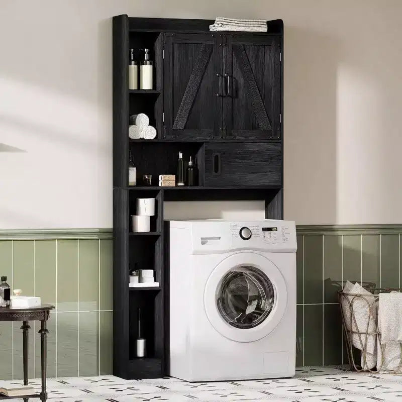 Mobiletto Sopra WC Contenitore per Bagno Stile Rustico con Porta Scorrevole Nero Salvaspazio Mensole Regolabili