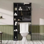 Mobiletto Sopra WC Contenitore per Bagno Stile Rustico con Porta Scorrevole Nero Salvaspazio Mensole Regolabili