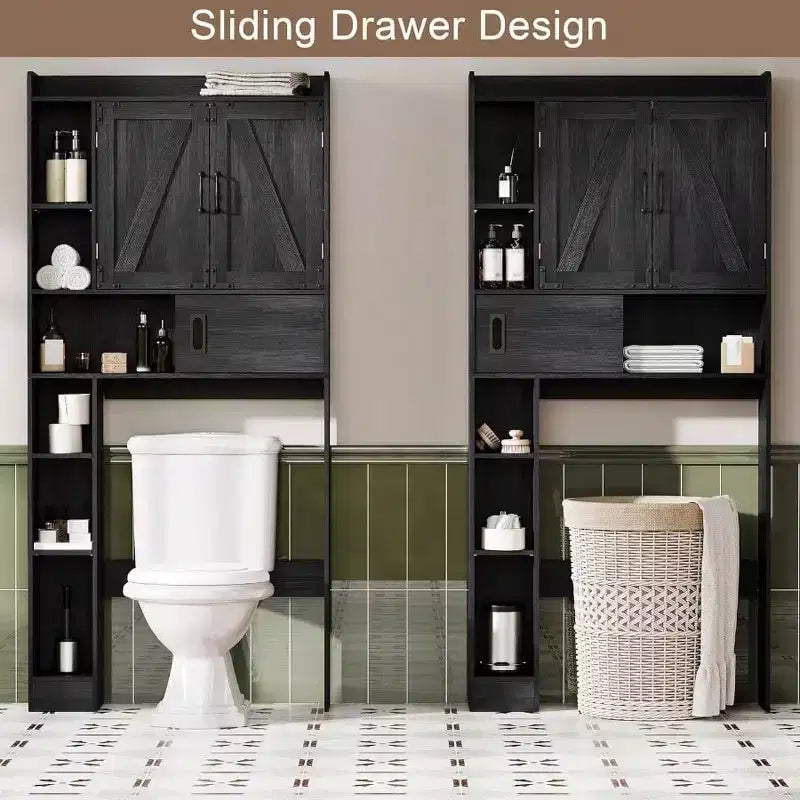 Mobiletto Sopra WC Contenitore per Bagno Stile Rustico con Porta Scorrevole Nero Salvaspazio Mensole Regolabili