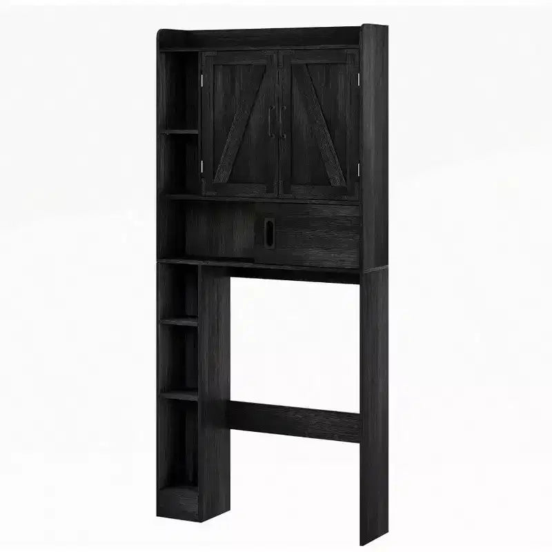 Mobiletto Sopra WC Contenitore per Bagno Stile Rustico con Porta Scorrevole Nero Salvaspazio Mensole Regolabili