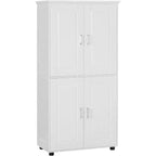 Tall and wide bathroom floor storage cabinet, freestanding unit with 4 doors, adjustable shelves, bathroom storage cabinet white