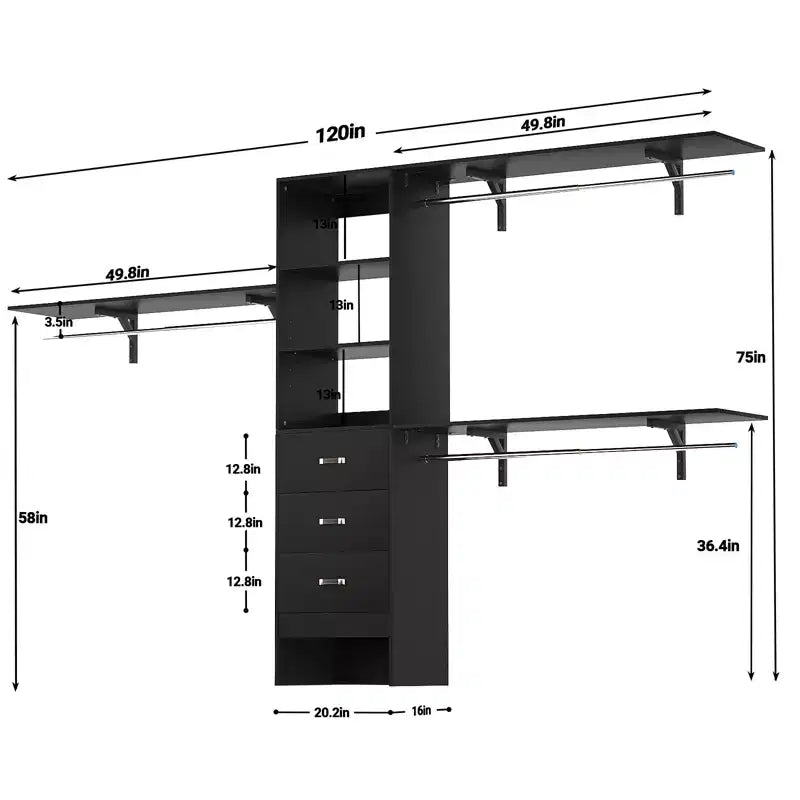 Sistema Organizzatore per Armadio da 120 cm con Cassetti in Legno, Guardaroba Fai-da-te con Aste Appendiabiti e Ripiani Contenitori
