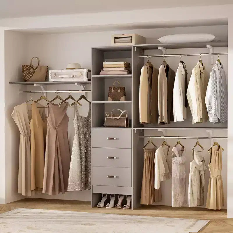 Sistema Organizzatore per Armadio da 120 cm con Cassetti in Legno, Guardaroba Fai-da-te con Aste Appendiabiti e Ripiani Contenitori