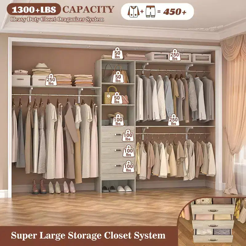 Sistema Organizzatore per Armadio da 120 cm con Cassetti in Legno, Guardaroba Fai-da-te con Aste Appendiabiti e Ripiani Contenitori