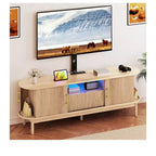 Fluted TV Stands with Mount, LED Entertainment Center for 75 Inch TVs, Curved TV Stand with Power Outlets & LED Light for Living Room,Natural Oak