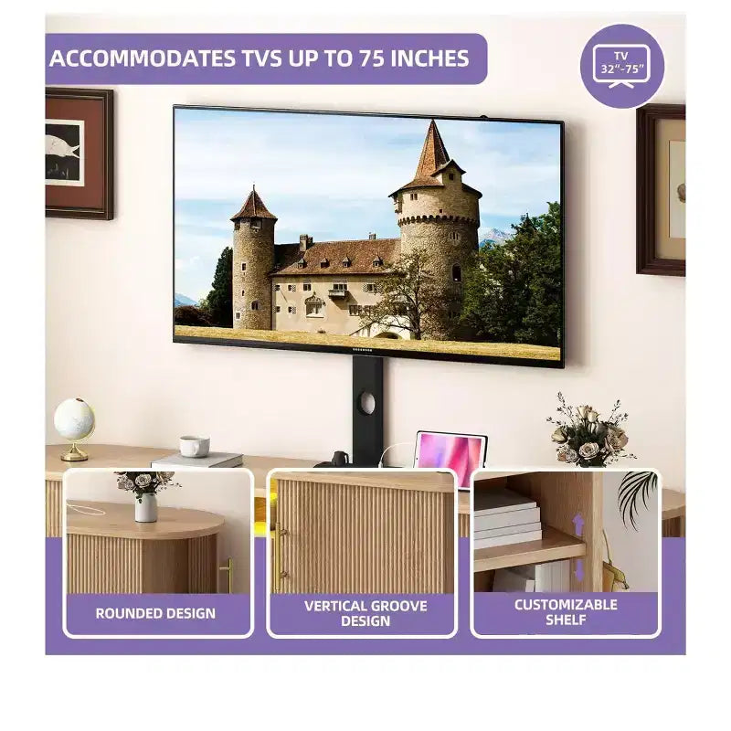 Mobili Porta TV Scanalati con Supporto, Mobile TV LED per TV da 75 Pollici, Porta TV Curvo con Prese di Corrente e Luce LED per Soggiorno, Rovere Naturale