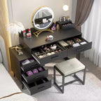 Toeletta con Sgabello e Specchio LED, Tavolo da Trucco con Cassetti in Legno