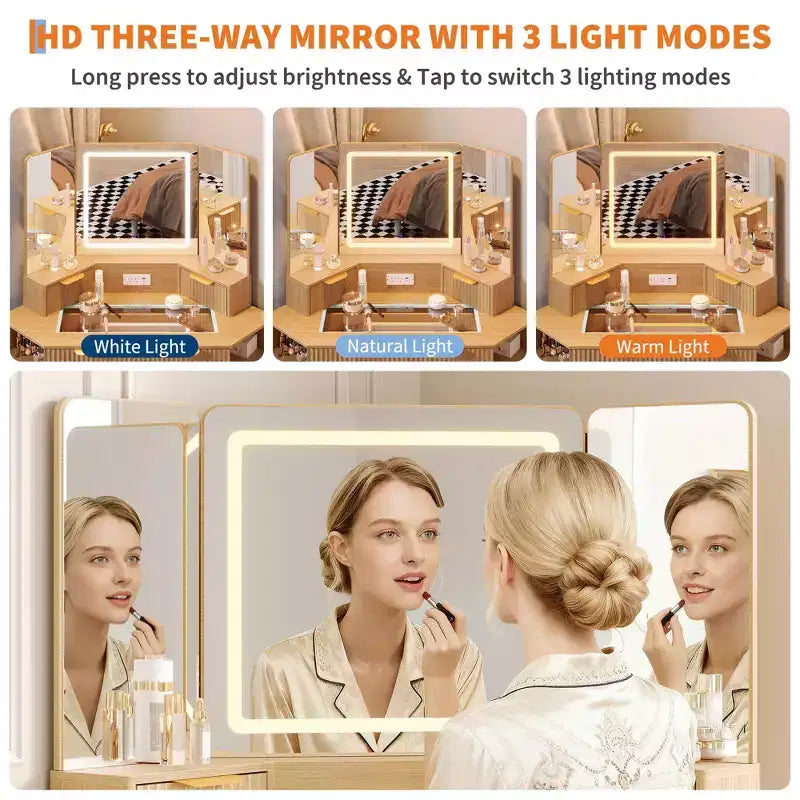 Tocador ad Angolo da 47 Pollici con Specchio e Luci, Tavolo da Trucco in Legno con Piano in Vetro e Stazione di Ricarica, Tavolo da Trucco per Camera da Letto