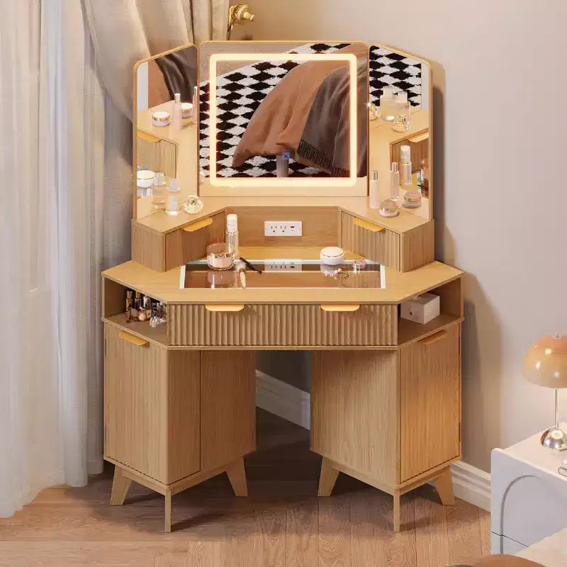 Tocador ad Angolo da 47 Pollici con Specchio e Luci, Tavolo da Trucco in Legno con Piano in Vetro e Stazione di Ricarica, Tavolo da Trucco per Camera da Letto