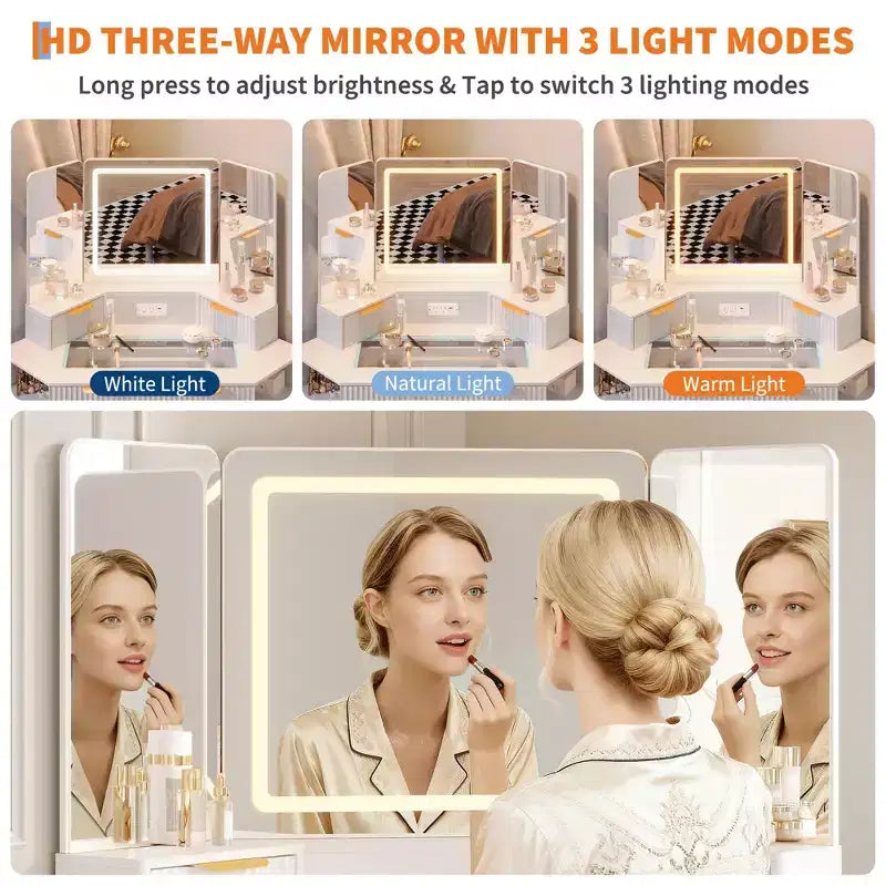 Tocador ad Angolo da 47 Pollici con Specchio e Luci, Tavolo da Trucco in Legno con Piano in Vetro e Stazione di Ricarica, Tavolo da Trucco per Camera da Letto