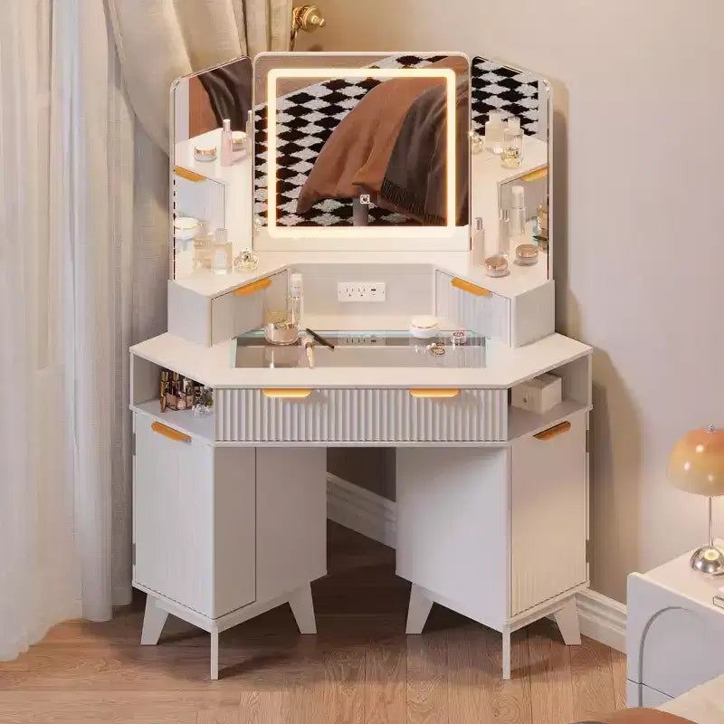 Tocador ad Angolo da 47 Pollici con Specchio e Luci, Tavolo da Trucco in Legno con Piano in Vetro e Stazione di Ricarica, Tavolo da Trucco per Camera da Letto