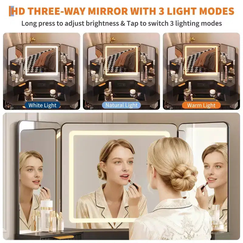 Tocador ad Angolo da 47 Pollici con Specchio e Luci, Tavolo da Trucco in Legno con Piano in Vetro e Stazione di Ricarica, Tavolo da Trucco per Camera da Letto
