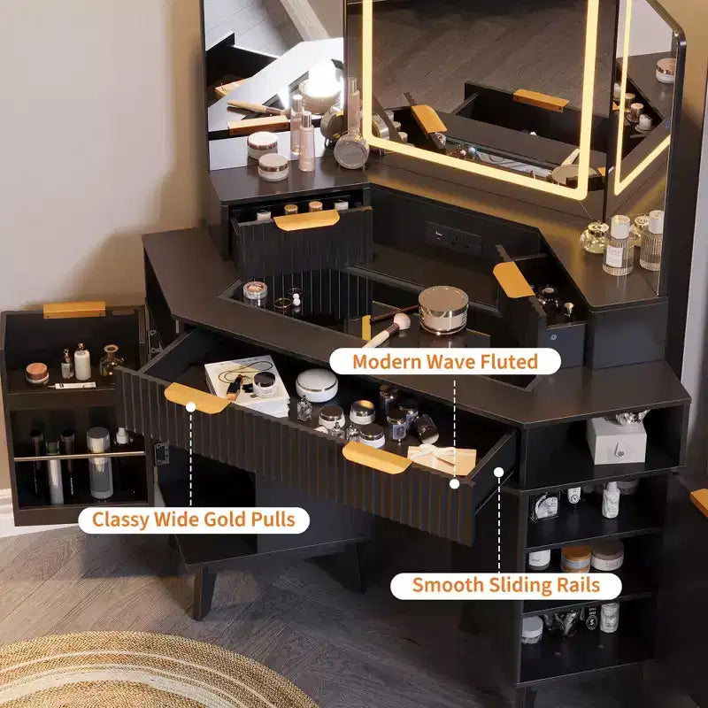 Tocador ad Angolo da 47 Pollici con Specchio e Luci, Tavolo da Trucco in Legno con Piano in Vetro e Stazione di Ricarica, Tavolo da Trucco per Camera da Letto