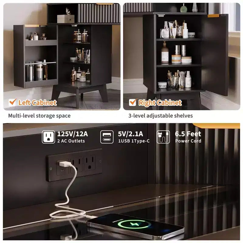 Tocador ad Angolo da 47 Pollici con Specchio e Luci, Tavolo da Trucco in Legno con Piano in Vetro e Stazione di Ricarica, Tavolo da Trucco per Camera da Letto