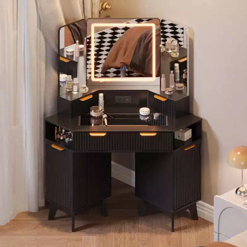 Tocador ad Angolo da 47 Pollici con Specchio e Luci, Tavolo da Trucco in Legno con Piano in Vetro e Stazione di Ricarica, Tavolo da Trucco per Camera da Letto