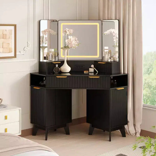 47 Corner Makeup Vanity Desk with Mirror and Light, Wooden Dressing Table with Glass Top & Charging Station, Makeup Vanity Table for Bedroom