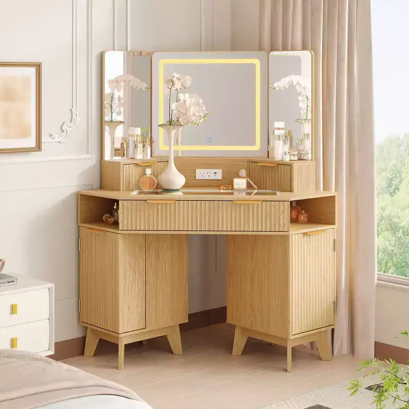 Tocador ad Angolo da 47 Pollici con Specchio e Luci, Tavolo da Trucco in Legno con Piano in Vetro e Stazione di Ricarica, Tavolo da Trucco per Camera da Letto