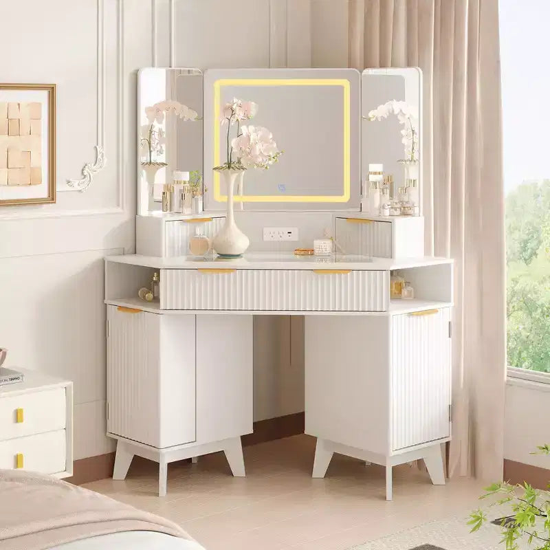 Tocador ad Angolo da 47 Pollici con Specchio e Luci, Tavolo da Trucco in Legno con Piano in Vetro e Stazione di Ricarica, Tavolo da Trucco per Camera da Letto