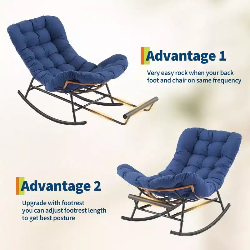 Sedia a Dondolo Oversize con Poggiapiedi, Poltrona Relax Imbottita con Telaio in Metallo, Sedia Reclinabile per Patio, Cortile, Camera da Letto, Giardino