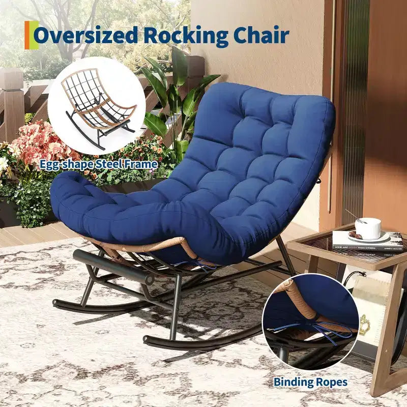 Sedia a Dondolo Oversize con Poggiapiedi, Poltrona Relax Imbottita con Telaio in Metallo, Sedia Reclinabile per Patio, Cortile, Camera da Letto, Giardino