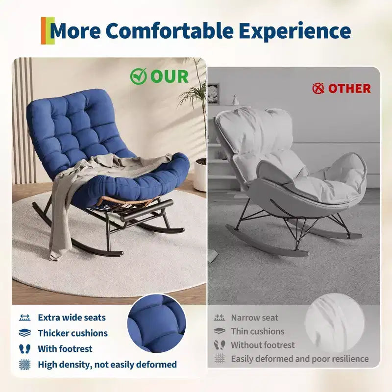 Sedia a Dondolo Oversize con Poggiapiedi, Poltrona Relax Imbottita con Telaio in Metallo, Sedia Reclinabile per Patio, Cortile, Camera da Letto, Giardino