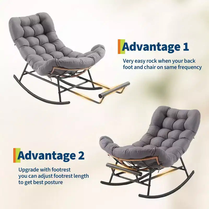 Sedia a Dondolo Oversize con Poggiapiedi, Poltrona Relax Imbottita con Telaio in Metallo, Sedia Reclinabile per Patio, Cortile, Camera da Letto, Giardino