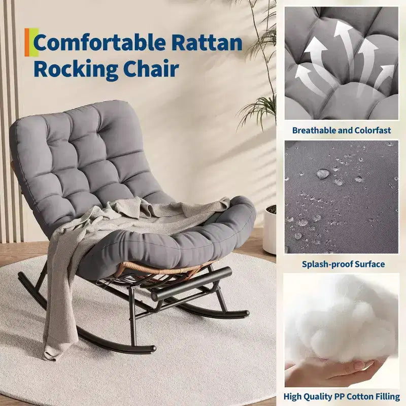Sedia a Dondolo Oversize con Poggiapiedi, Poltrona Relax Imbottita con Telaio in Metallo, Sedia Reclinabile per Patio, Cortile, Camera da Letto, Giardino